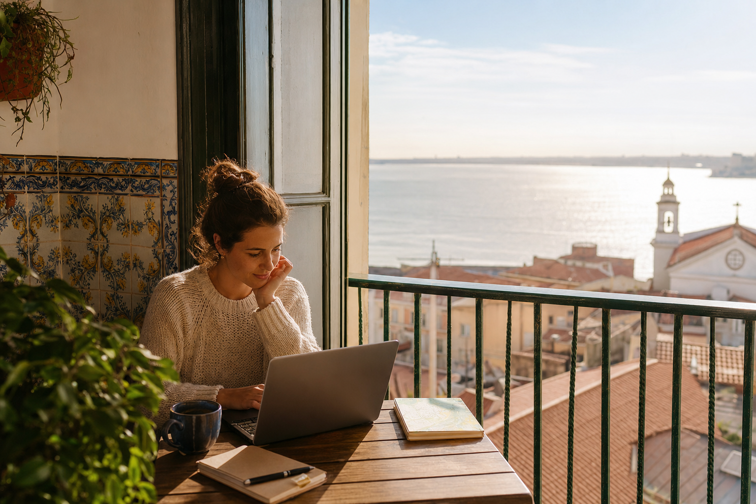 Digital nomad comparing winter sun destinations, flight alerts, Wi-Fi setup time, and a protected first work block in a warm cafe