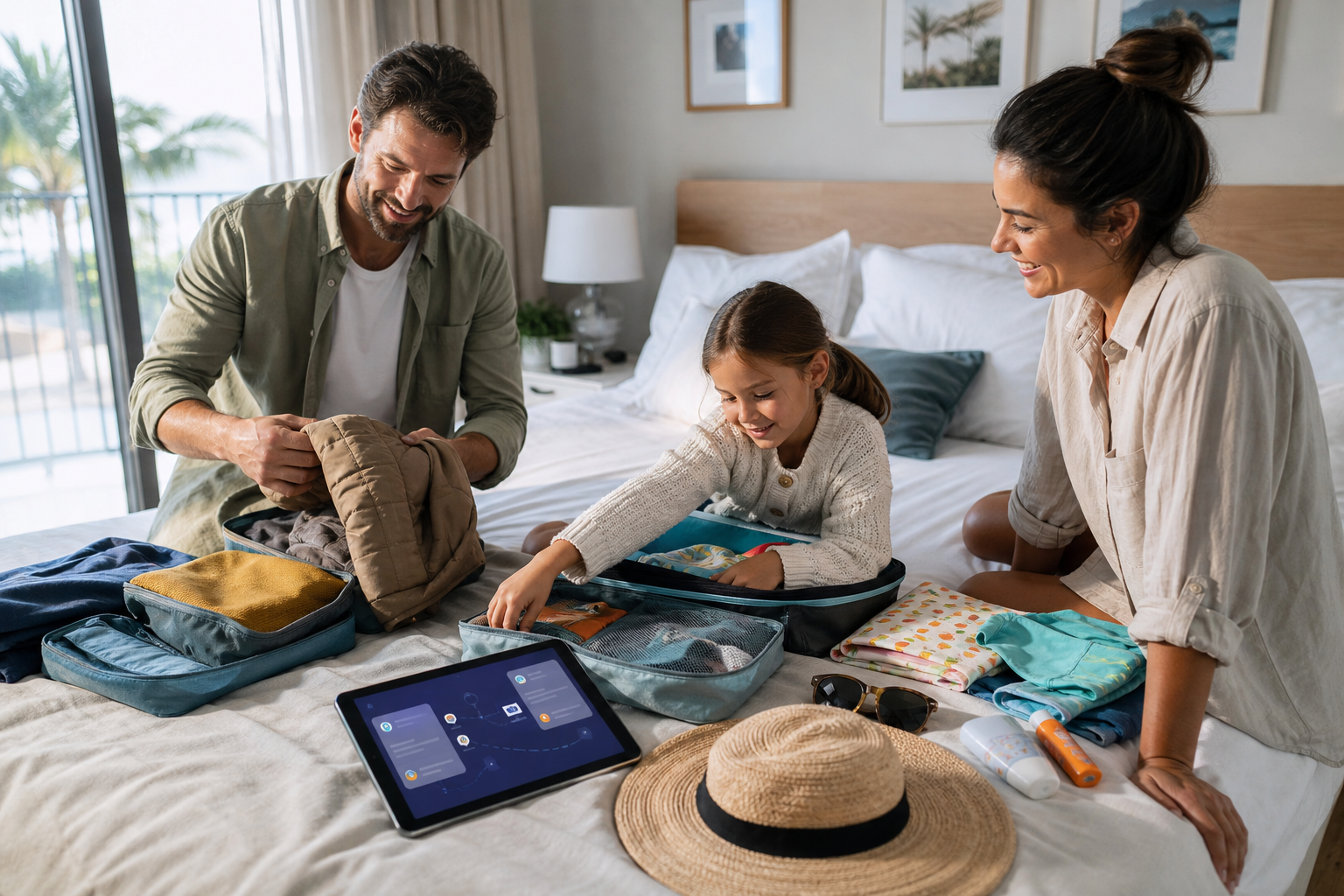 Family packing for a winter sun trip with carry-ons, kids items, sunscreen, light layers, and an AI checklist