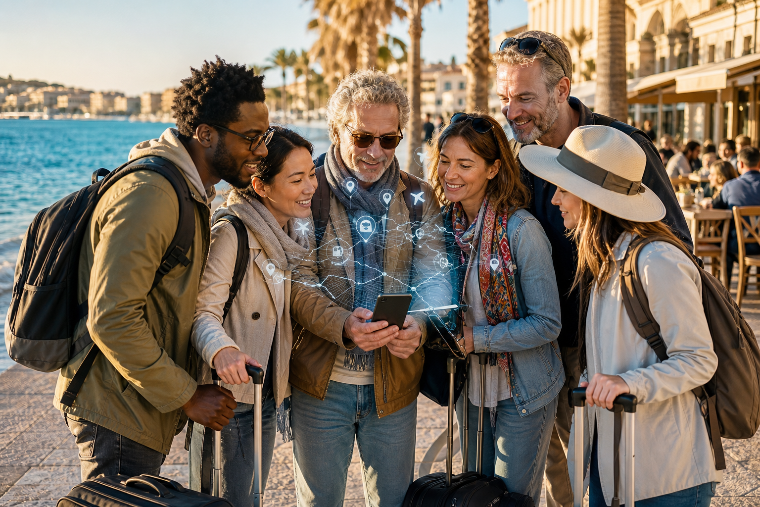 AI winter sun planning desk with flight-price alerts, warm-weather destination cards, and first-day logistics notes