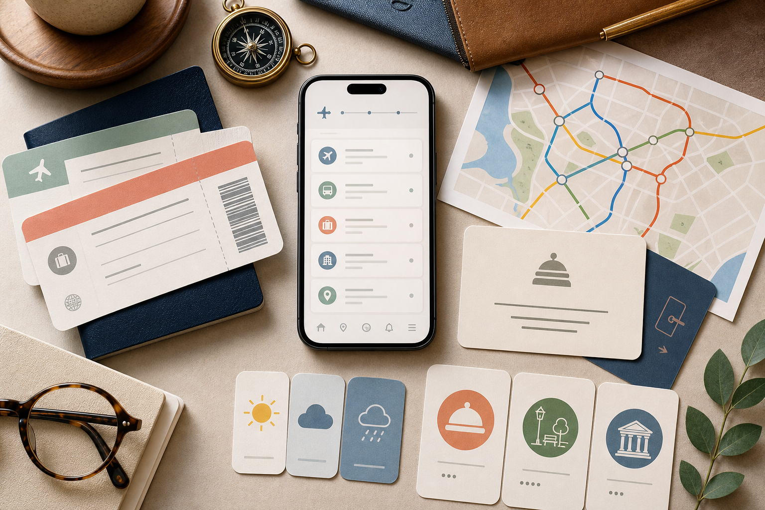 Overhead AI travel planning table with arrival-day buffer cards, transit map, hotel check-in note, weather icons, and fallback evening plans