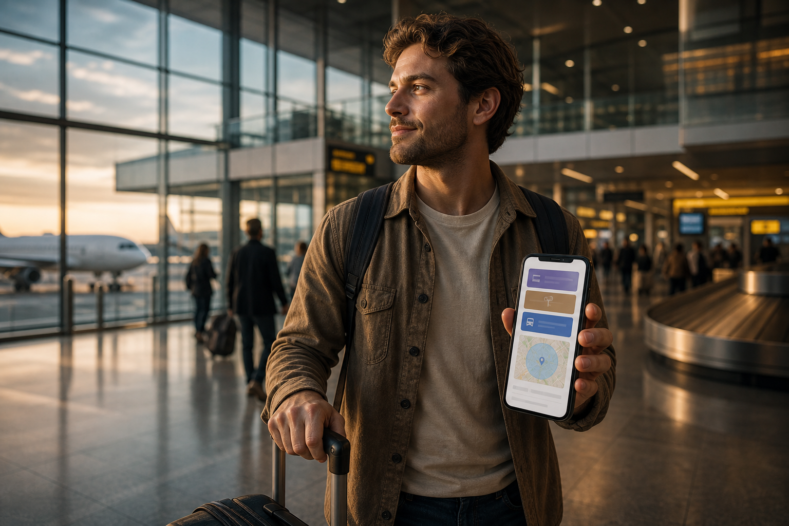 Traveler using an AI-assisted arrival-day buffer plan in a calm airport concourse