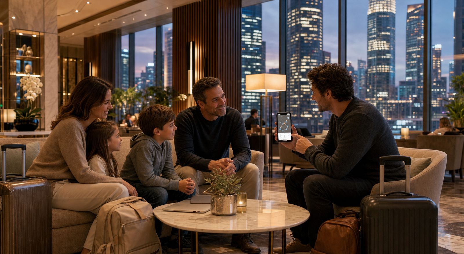 Family travelers and a digital nomad relaxing in a hotel lobby after arrival with luggage, city skyline, and abstract AI route options on a phone