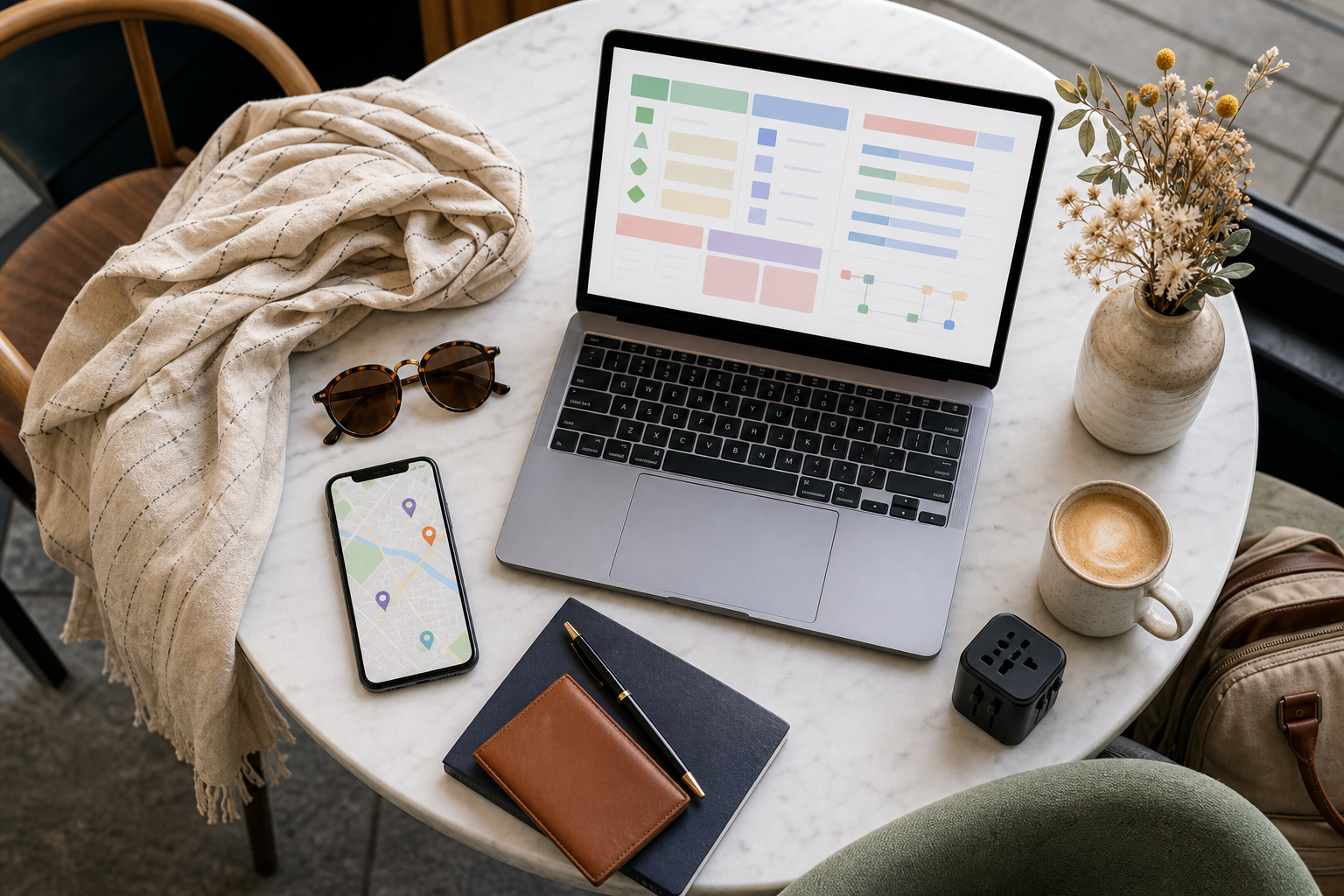 Laptop and phone showing an abstract color-coded packing and itinerary grid on a cafe table with sunglasses, scarf, adapter, and compact backpack
