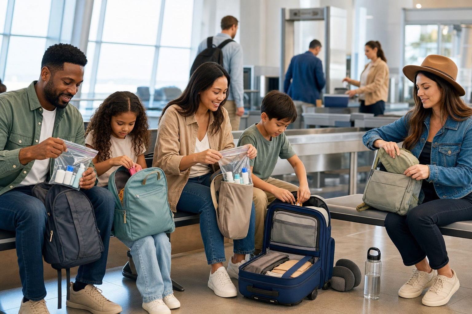 Travelers calmly organizing a carry-on, personal item, clear liquids bag, and empty water bottle near an airport security checkpoint