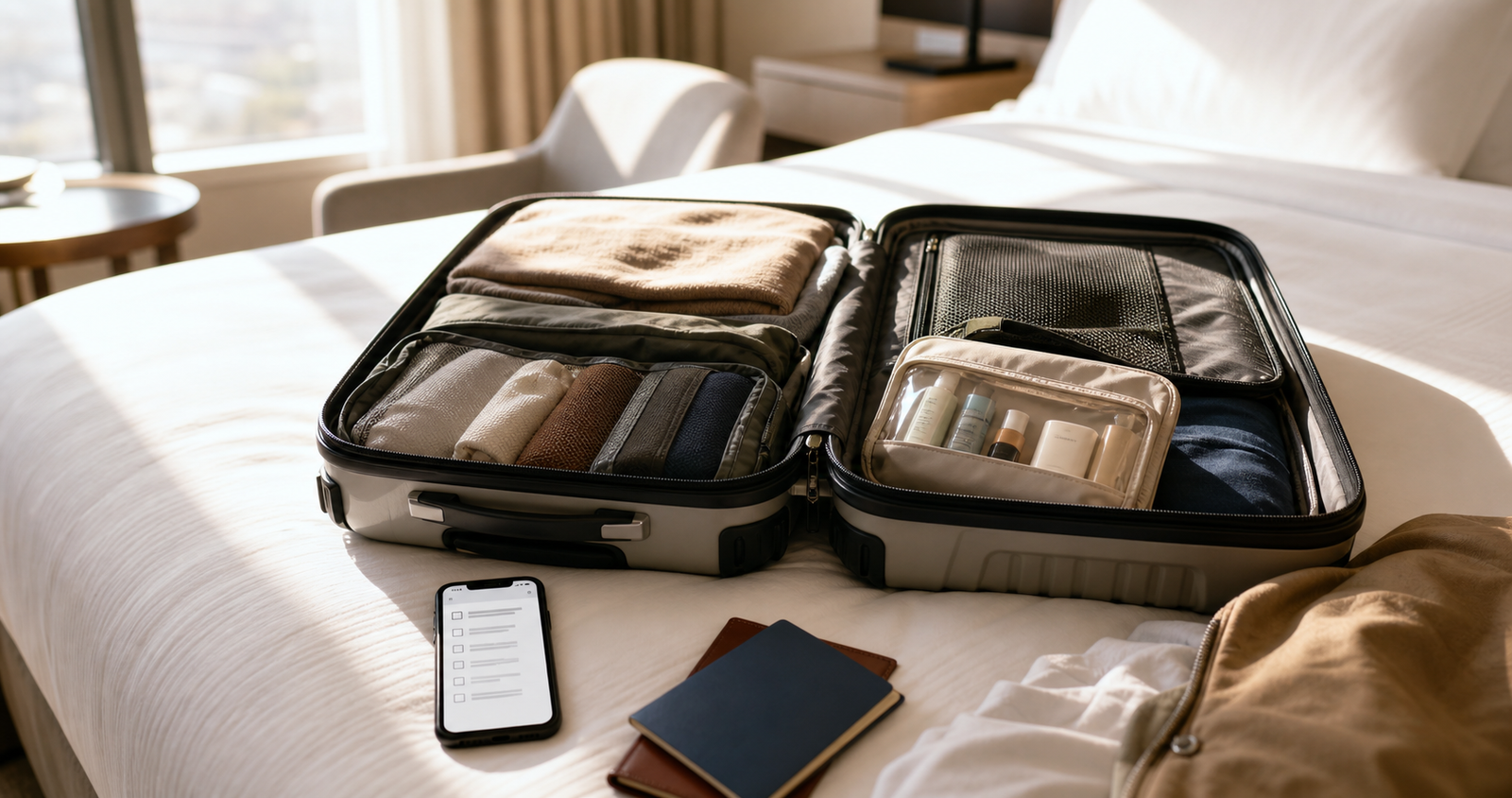 Open carry-on suitcase with packing cubes, small toiletries pouch, lightweight layers, and a phone checklist