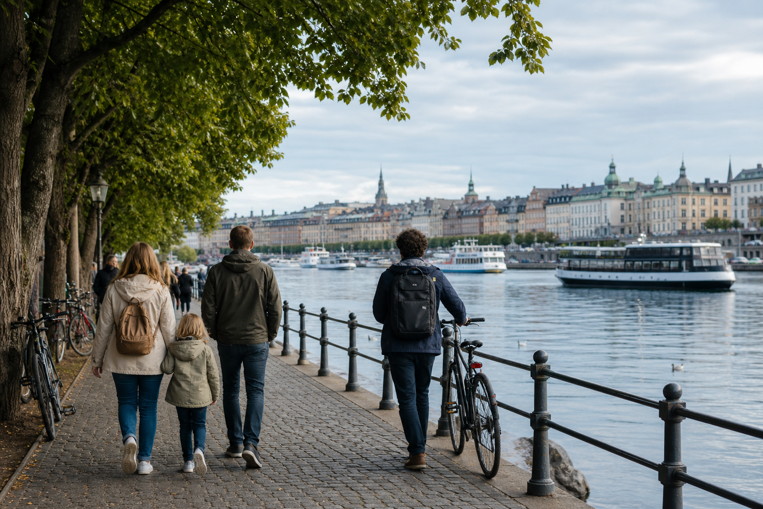 Travelers walking along a cool waterfront promenade with trees, bikes, ferries, and historic architecture