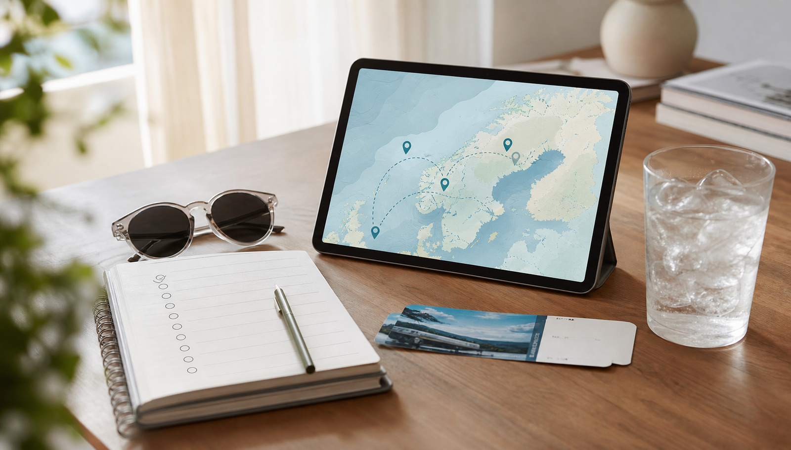 AI-assisted coolcation planning desk with a map, route pins, notebook, train ticket, sunglasses, and iced water