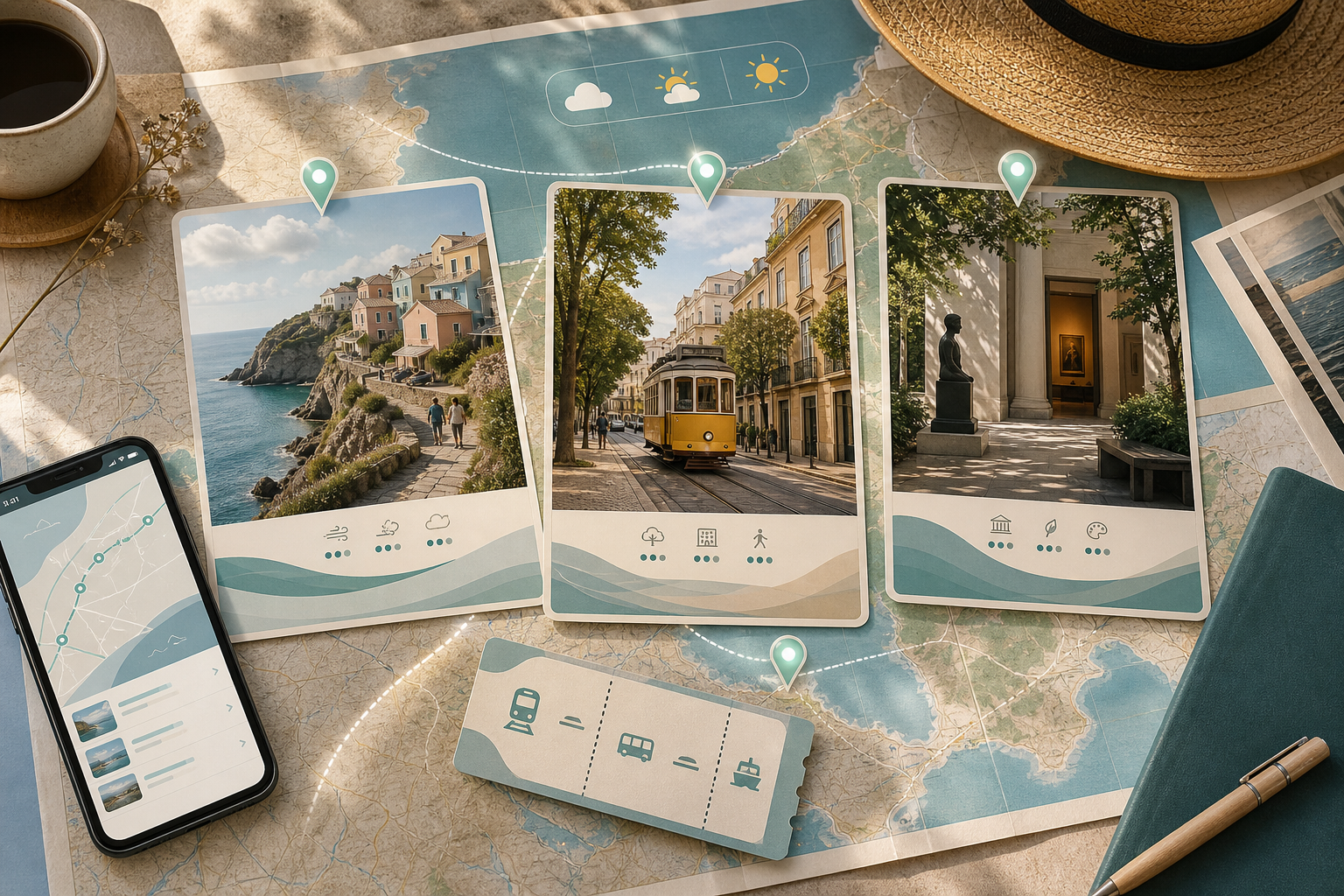 AI travel planning board comparing a cooler coastal town, a second city with trams, and a shaded museum day