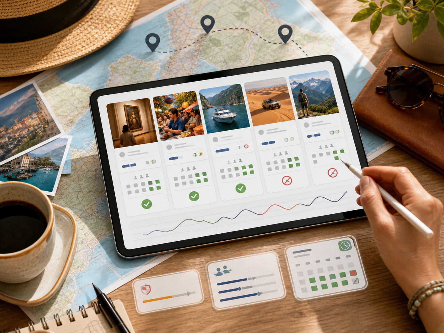 A tablet-style travel comparison interface with tour cards, map pins, and decision signals