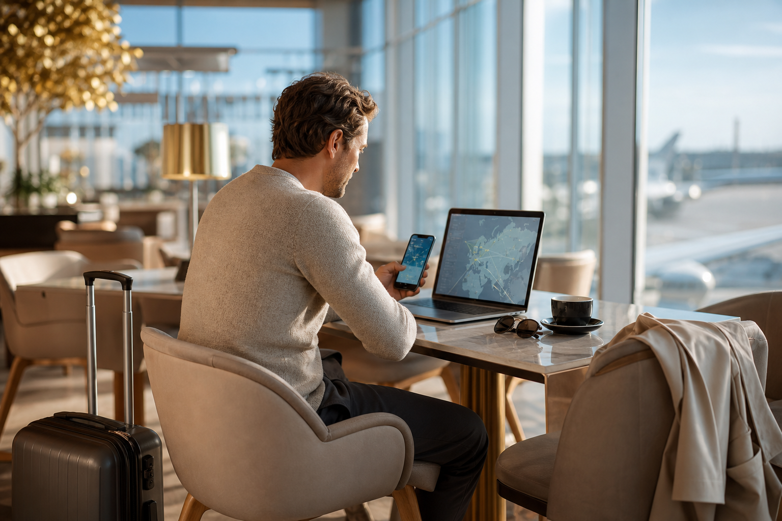 Traveler using AI and flight price tracking in an airport lounge before choosing flexible trip dates