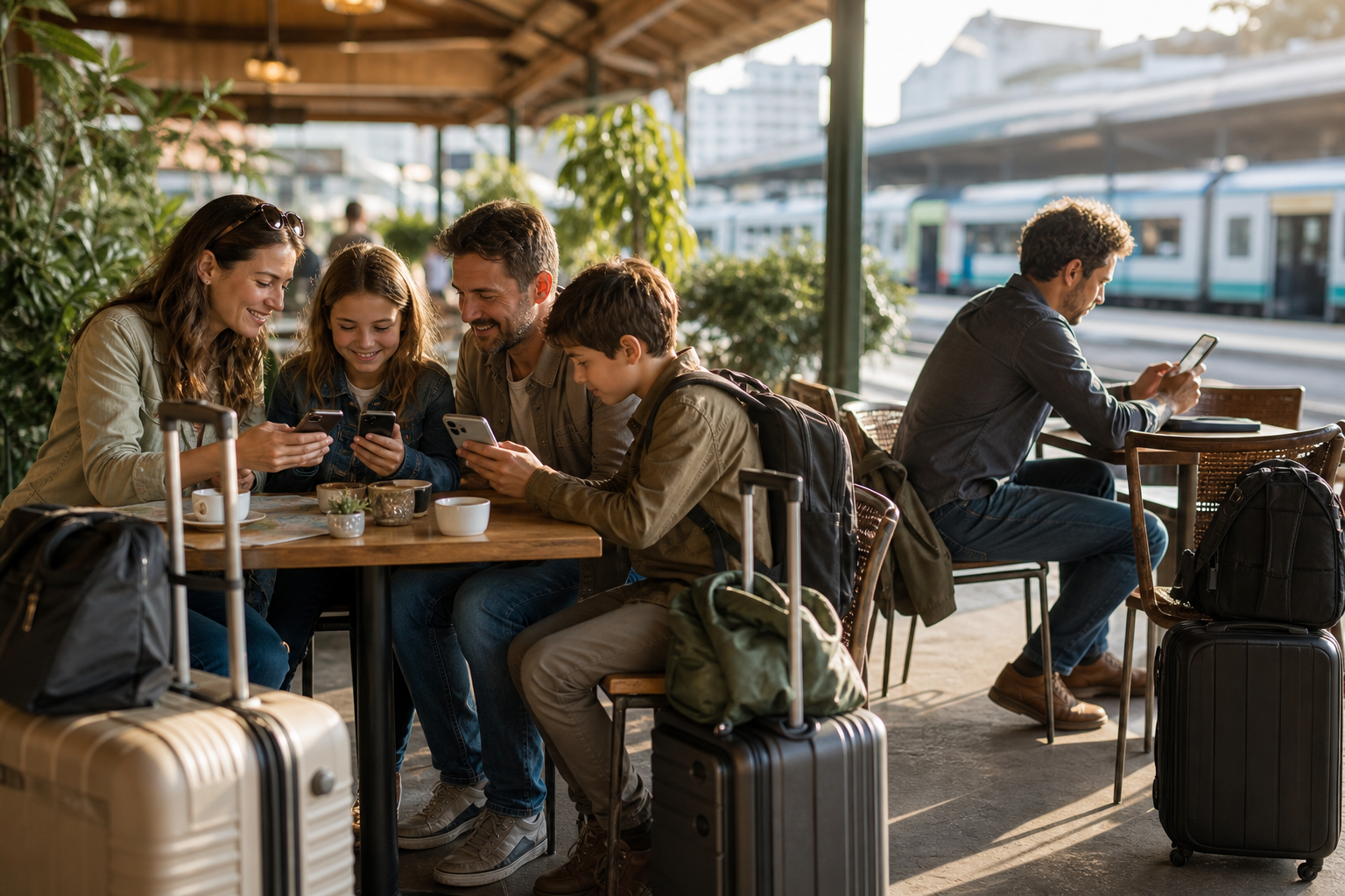 Family traveler and digital nomad checking an AI-assisted itinerary near a sunny train station cafe
