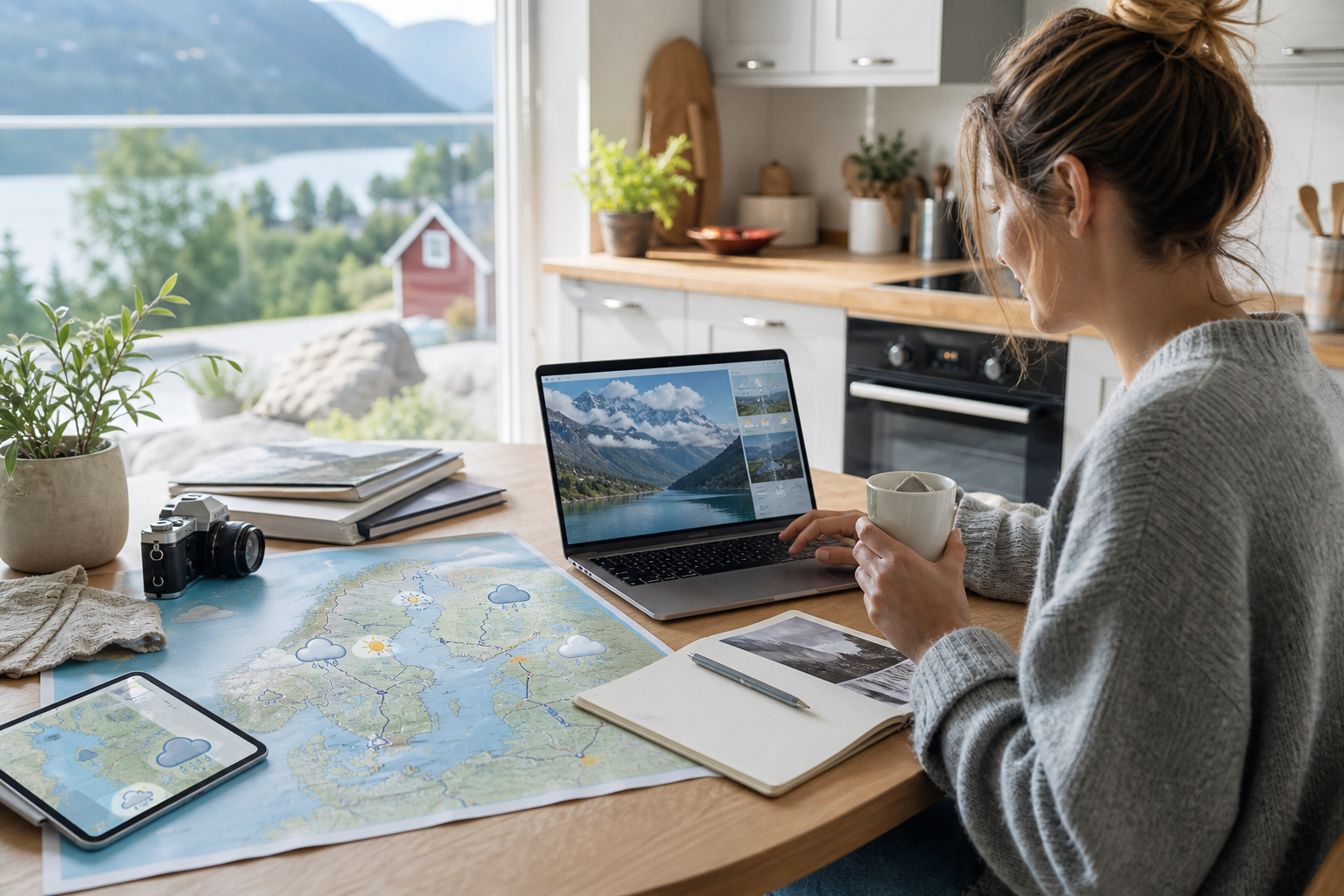 Traveler using an AI planner at a table with weather maps, cooler destination ideas, camera gear, and mountain travel notes