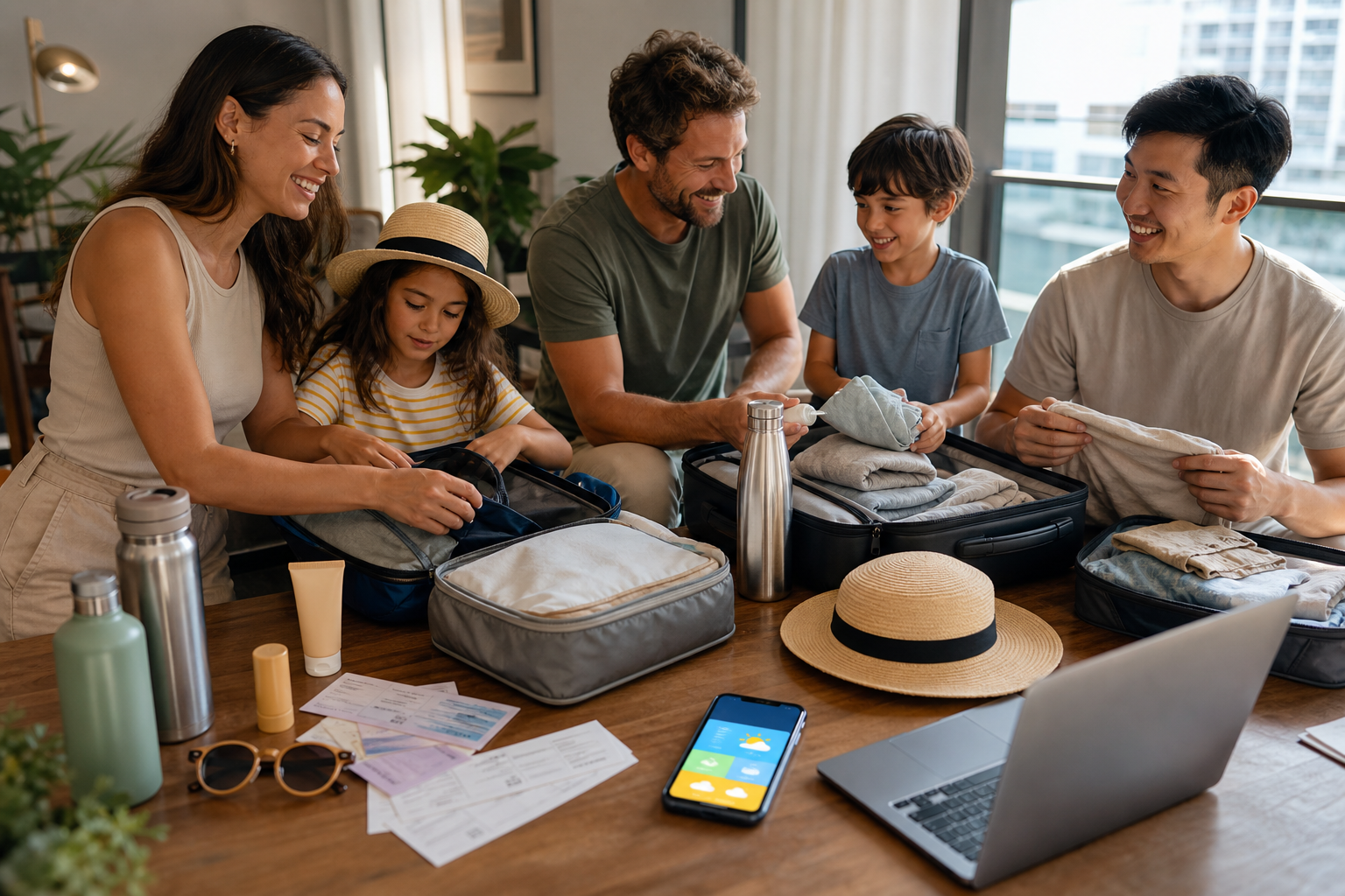 Family and friends packing sun hats, water bottles, light layers, tickets, and a phone weather plan before a hot summer travel day