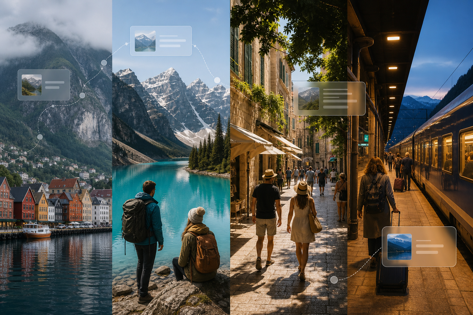 Heat-aware AI itinerary collage with cooler destinations, shaded city streets, and evening train travel