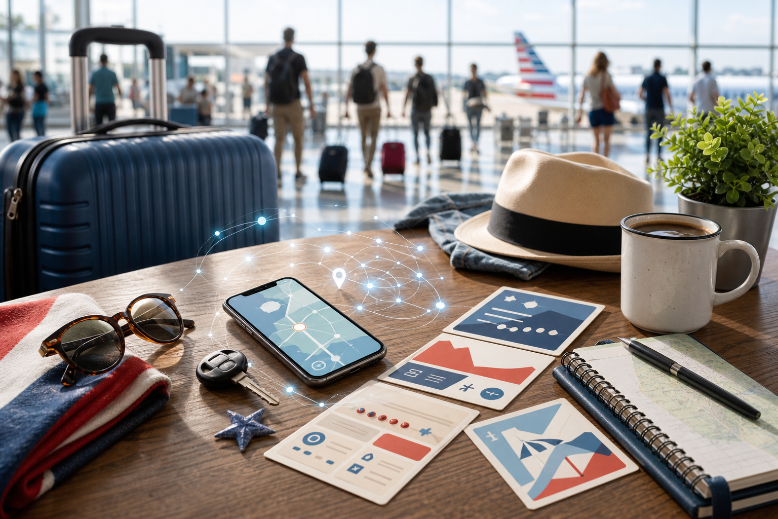 Holiday travel planning table with a highlighted route, tickets, phone, and city view