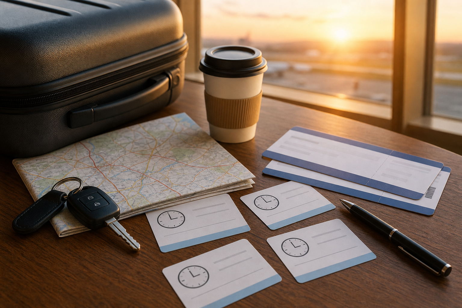 Illustrated holiday road and airport timing plan with a route, checkpoint, car, and departure window cards