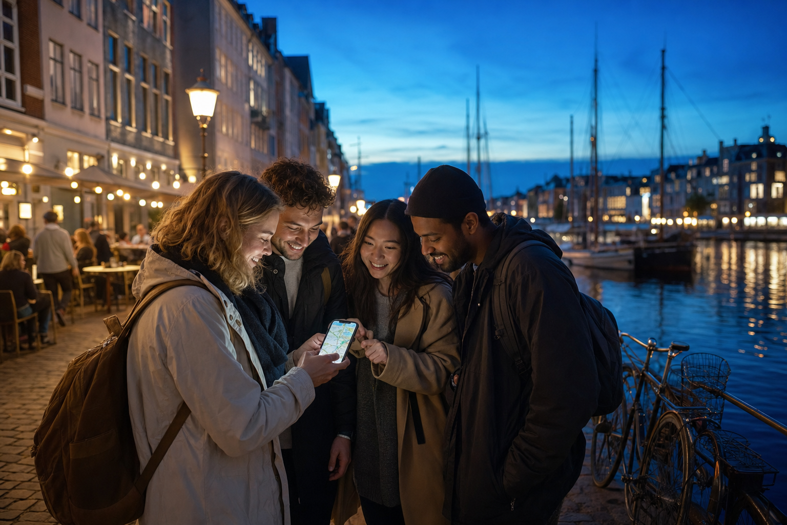 Travelers using an AI itinerary on a cool blue-hour waterfront before an evening food walk