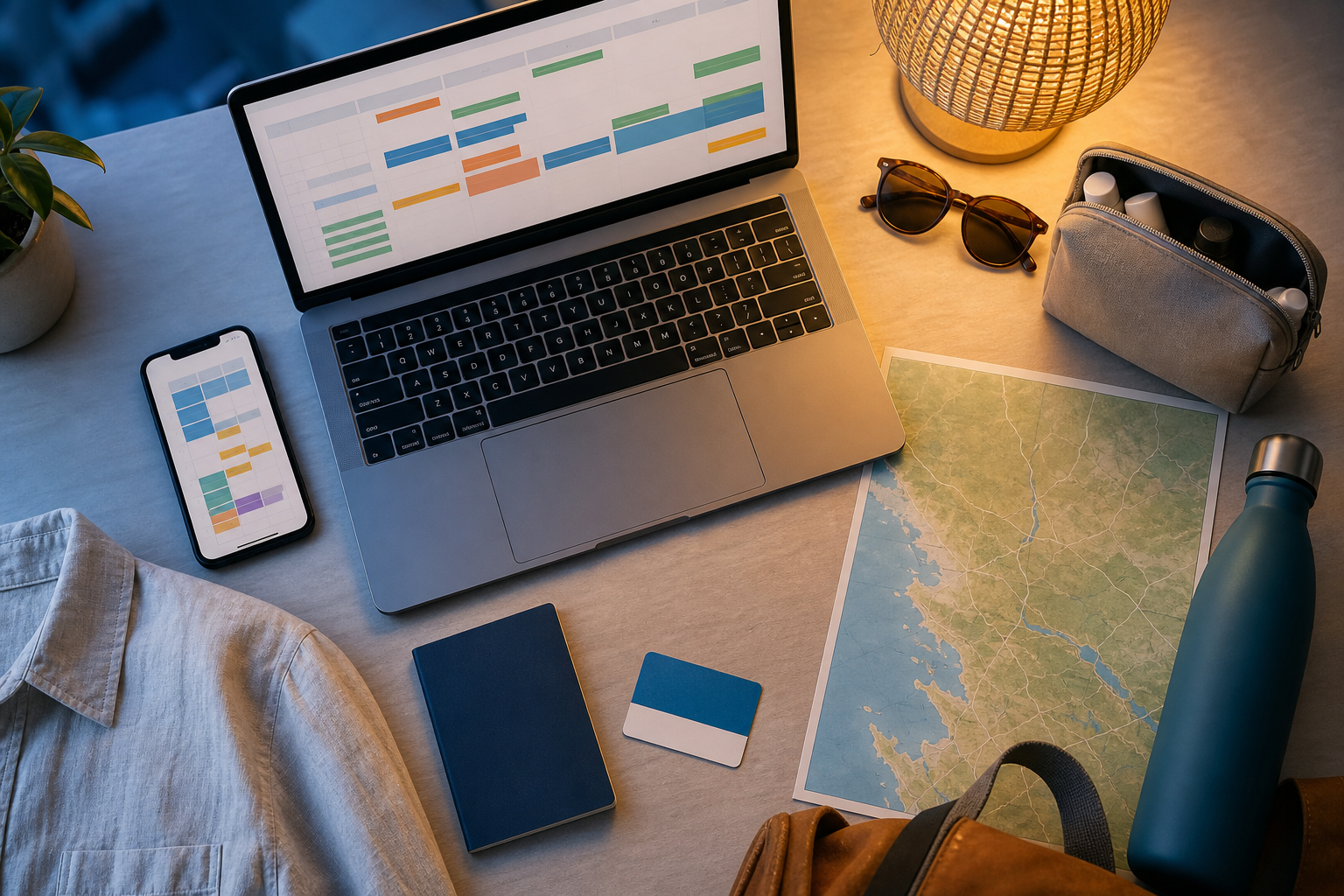 AI travel planning flat lay with itinerary blocks, lightweight summer packing, phone, map, and evening lighting