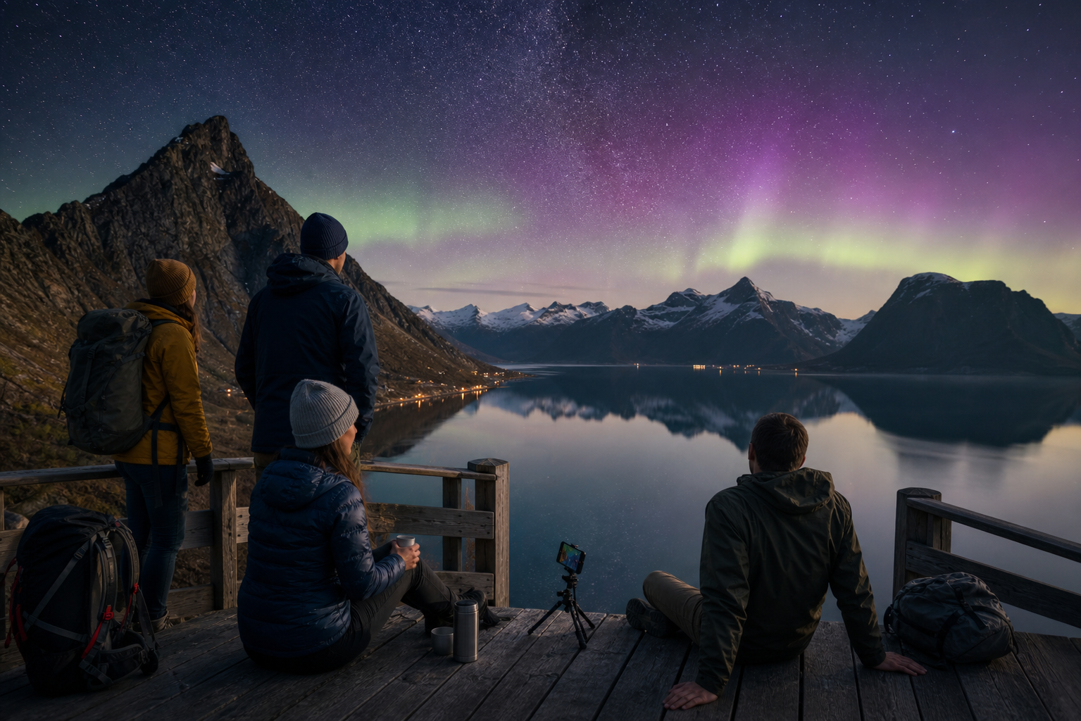 Travelers stargazing from a safe wooden overlook above a cool Nordic lake at night