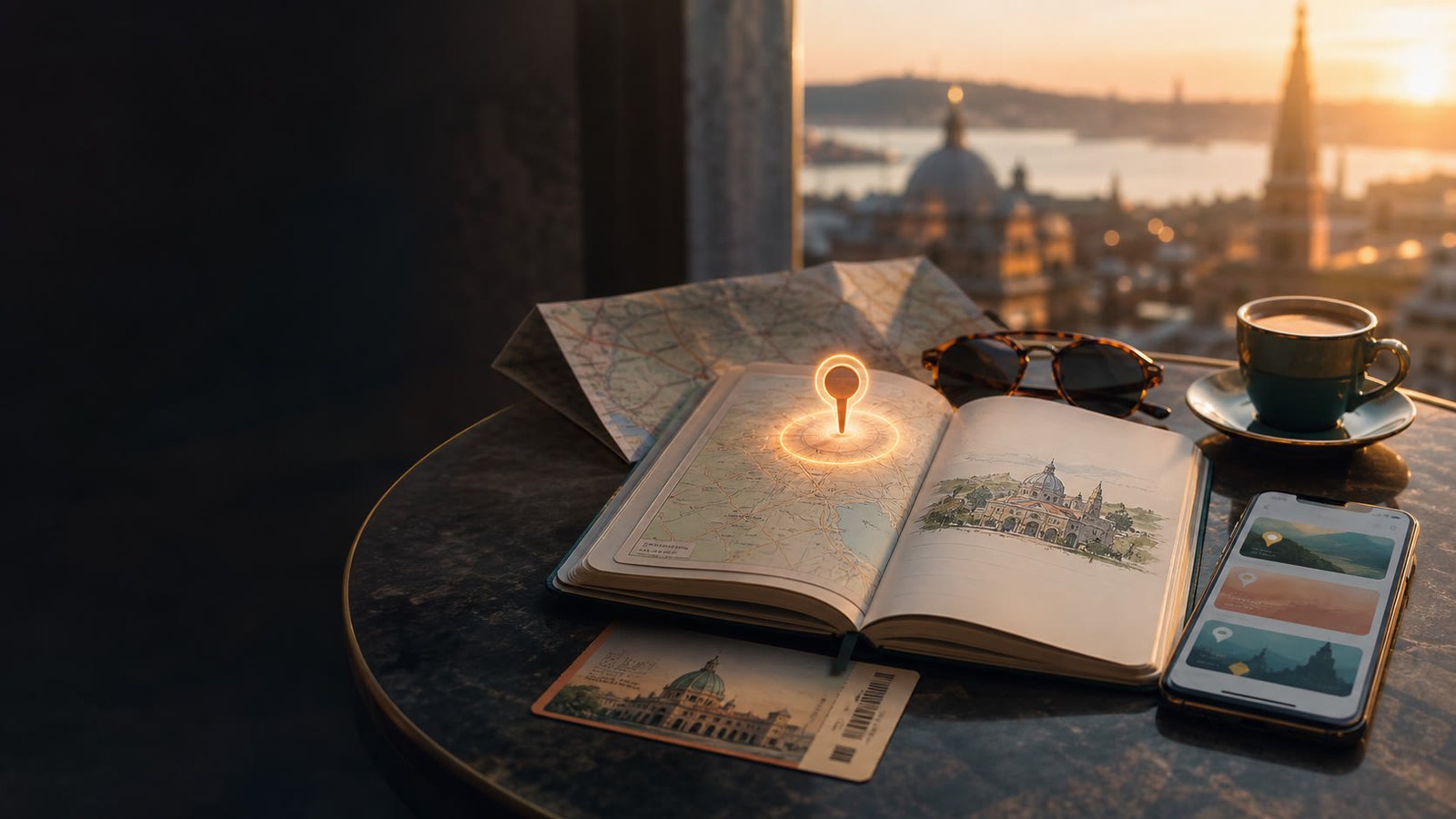 Editorial travel planning table with one highlighted experience and a city view