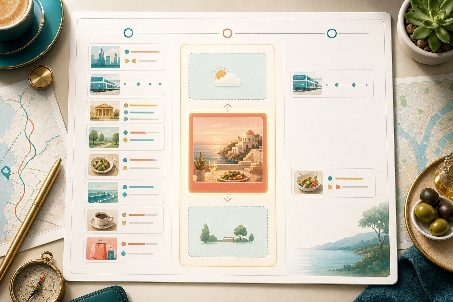 Illustrated travel planning board with one highlighted anchor experience