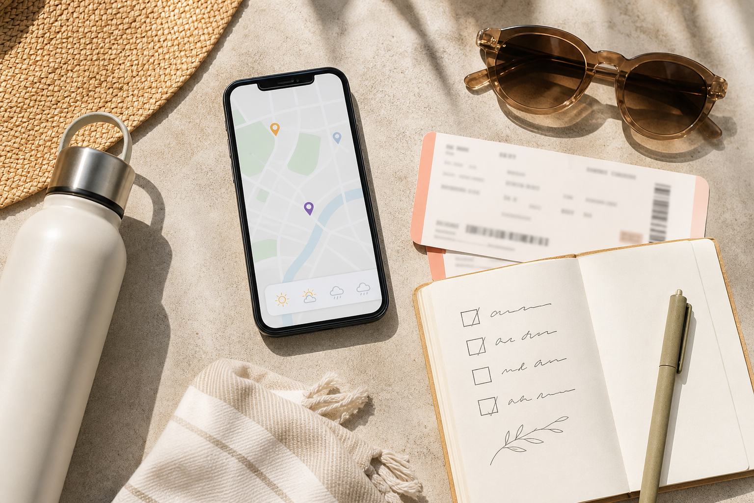 Summer trip planning flat lay with a phone map, weather icons, tickets, water bottle, sunglasses, and checklist