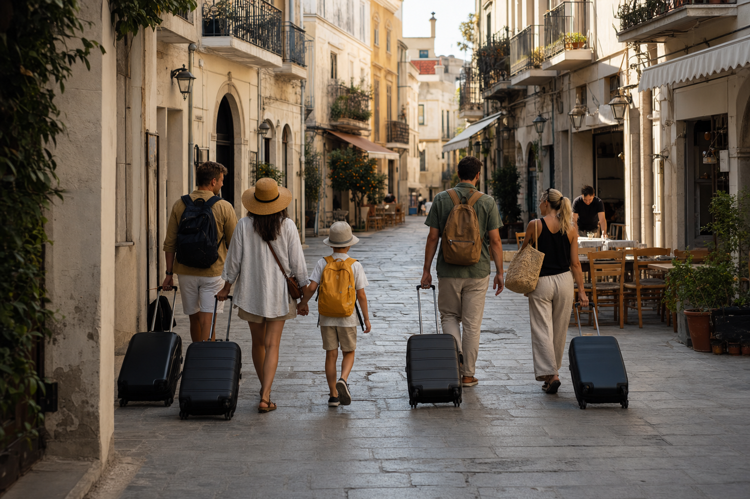 Travelers with rolling luggage walking through a shaded old town street in the early morning