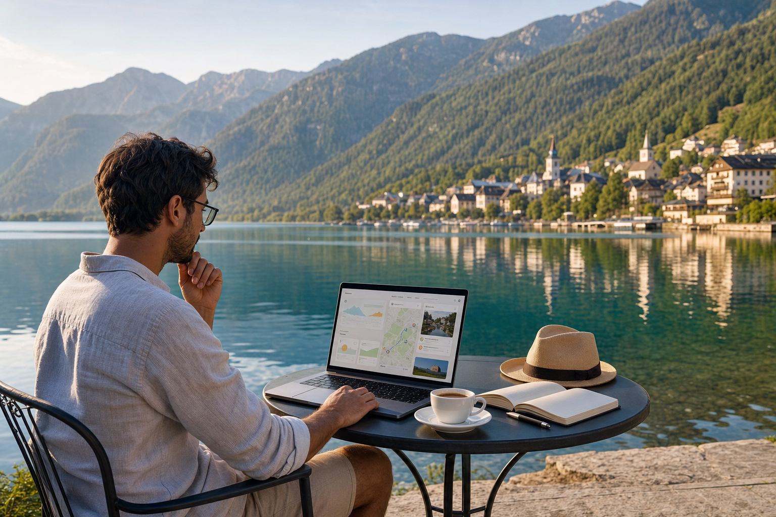 Traveler using AI trip planning beside a quiet mountain lake town in early morning light