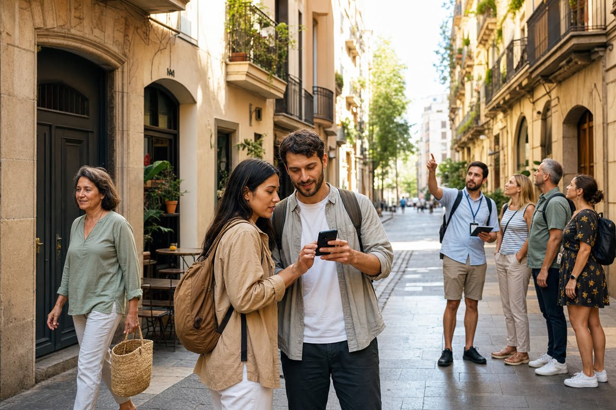 Travelers checking a booking confirmation on a quiet residential street while a small guided group waits nearby