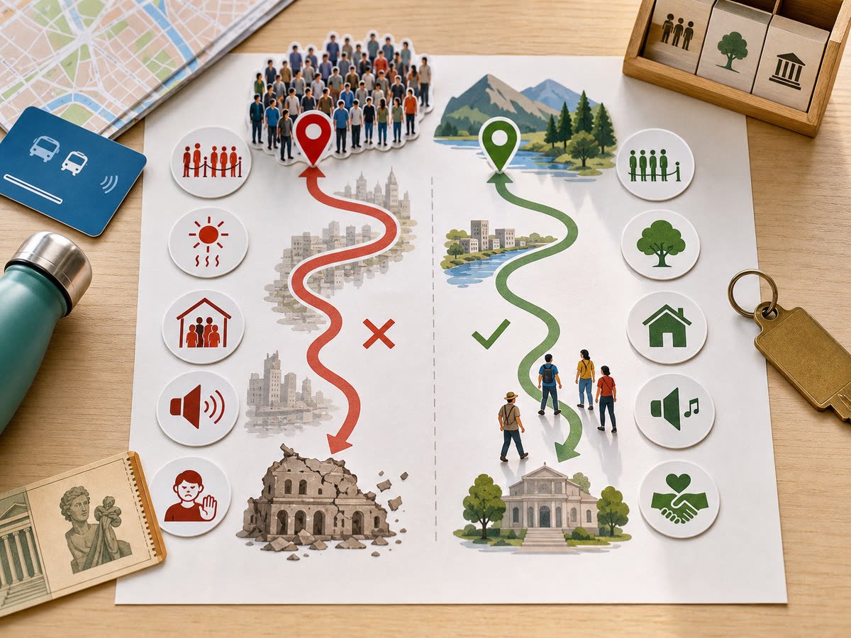 Editorial map showing a crowded red route and a calmer green route with travel decision icons