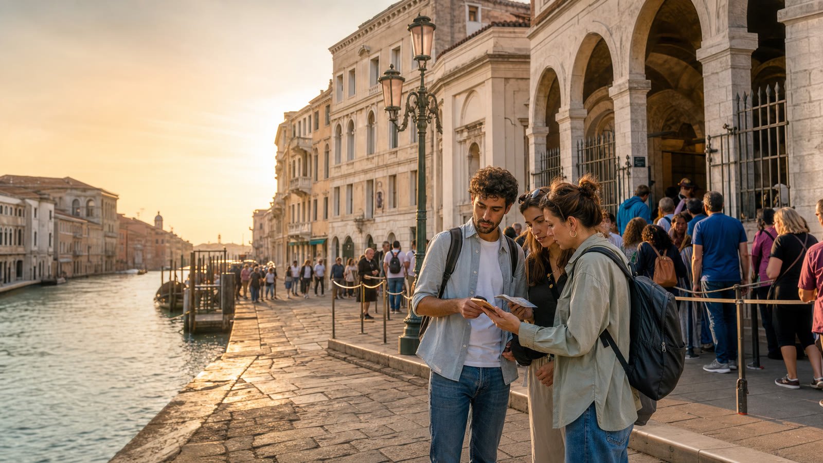 Travelers reviewing a timed-entry plan near a crowded historic waterfront